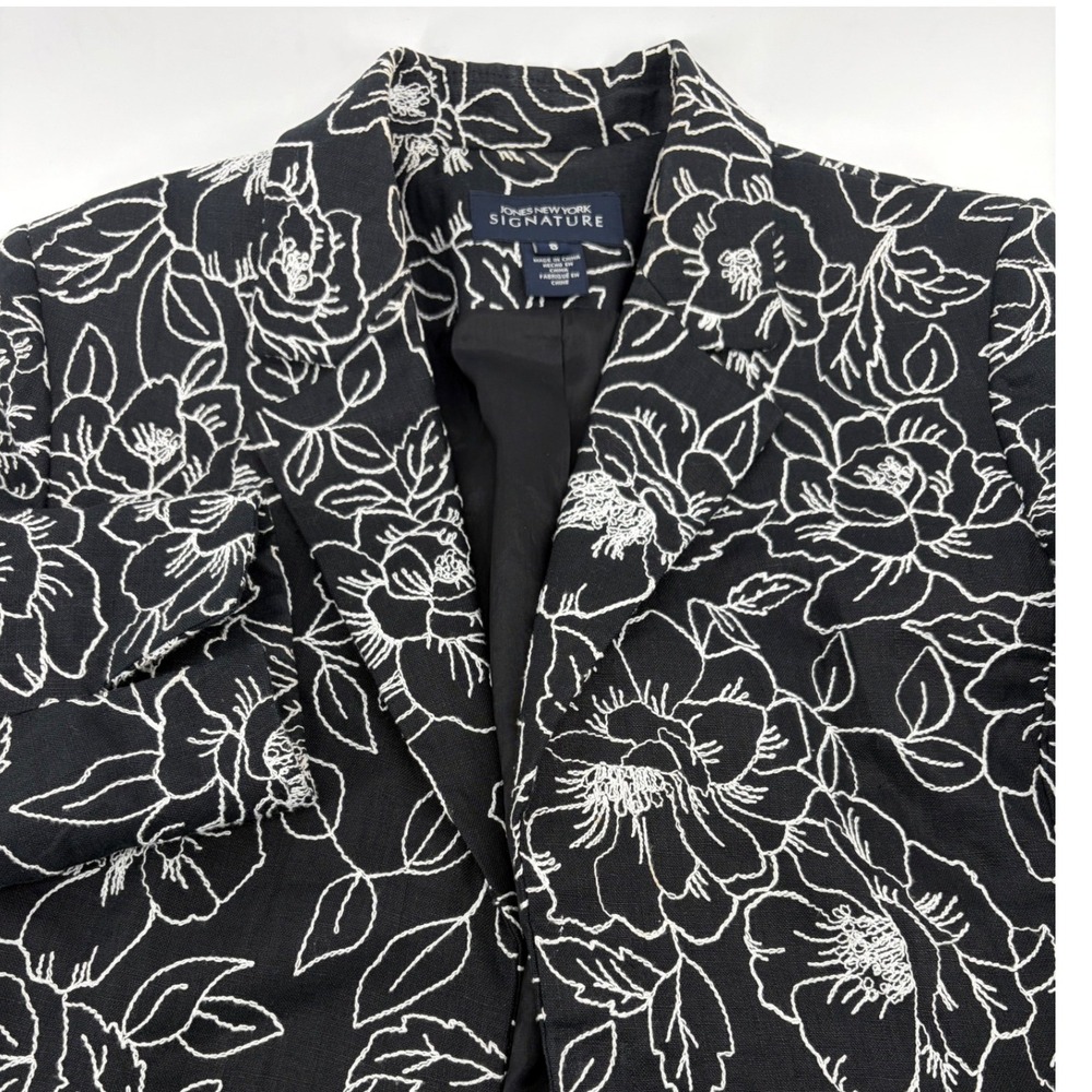 Jones New York Signature Womens 8 Black White Floral Embroidered Linen Blazer - Picture 3 of 8